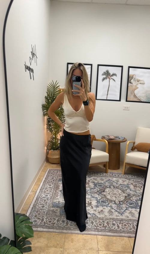 After Hours Black Satin Maxi Skirt