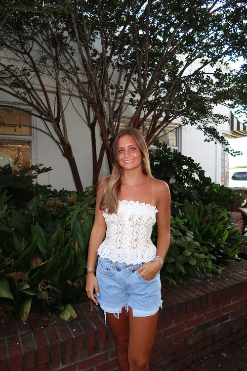 Sloane Floral Eyelet Ruffle Lace Tube Crop Top