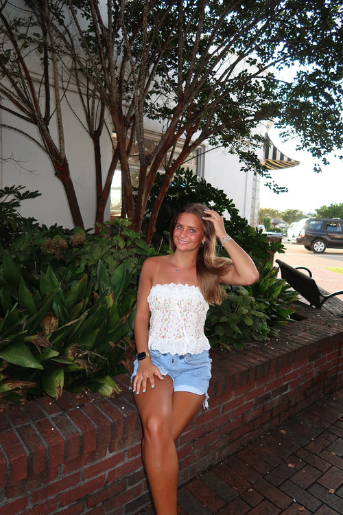 Sloane Floral Eyelet Ruffle Lace Tube Crop Top